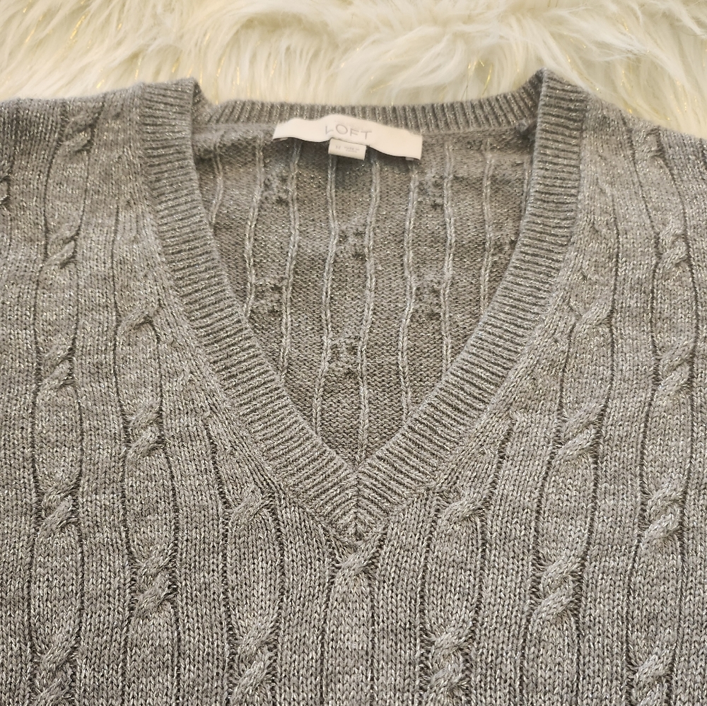 Loft V-neck Gray Pullover Sweater with Shimmering Material - Picture 3 of 5